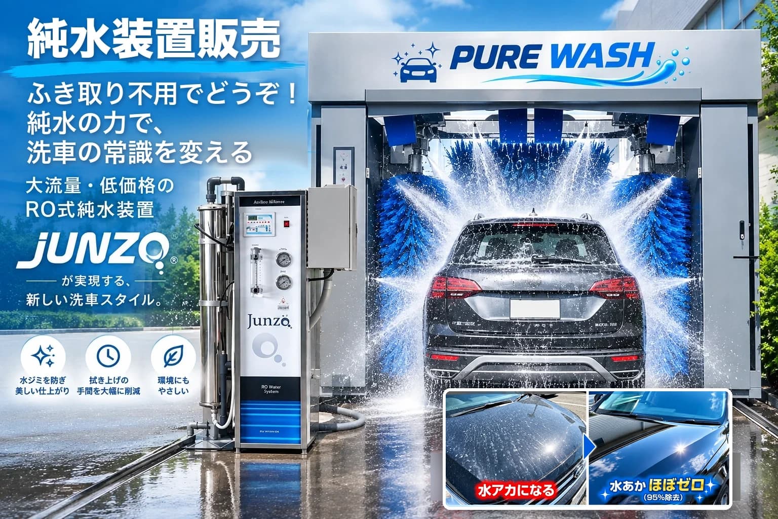 門型洗車機PURE WASHで車体に純水シャワーが降り注ぐ様子と、RO式純水装置JUNZOを写したメインビジュアル。右下に「水アカになる」「水あかほぼゼロ（95%除去）」のビフォーアフター比較写真