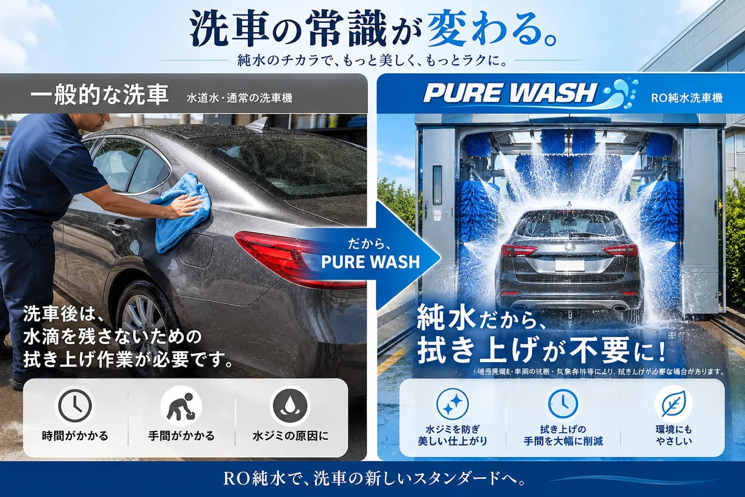 一般的な洗車とPURE WASH(RO純水洗車機)の比較。純水だから拭き上げが不要になることを示した図