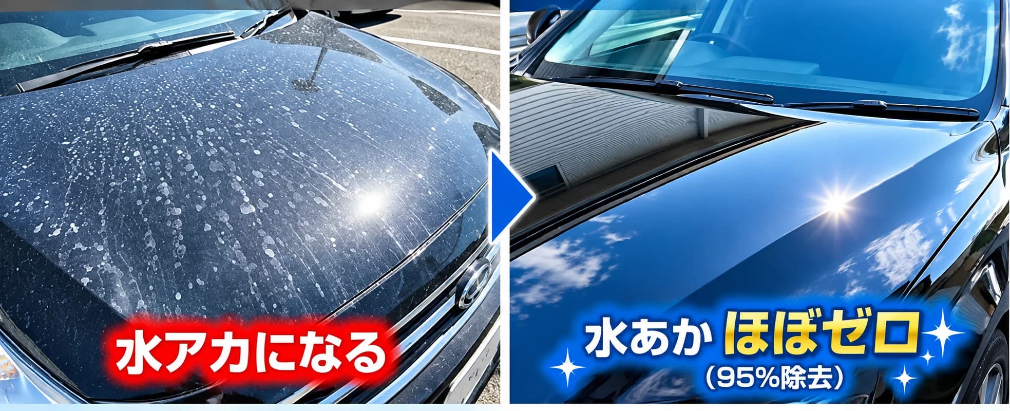 水アカになる一般洗車と、水あかほぼゼロ(95%除去)のRO純水洗車のビフォーアフター比較図